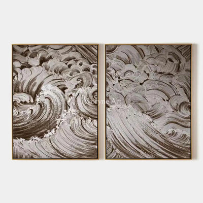 Muted Interval, hand-painted neutral wave relief diptych by Rafael Duarte
