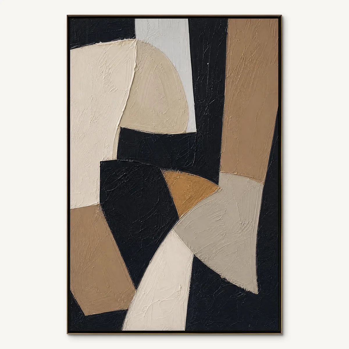 Obsidian Fold: Black Beige Abstract Wall Art - main
