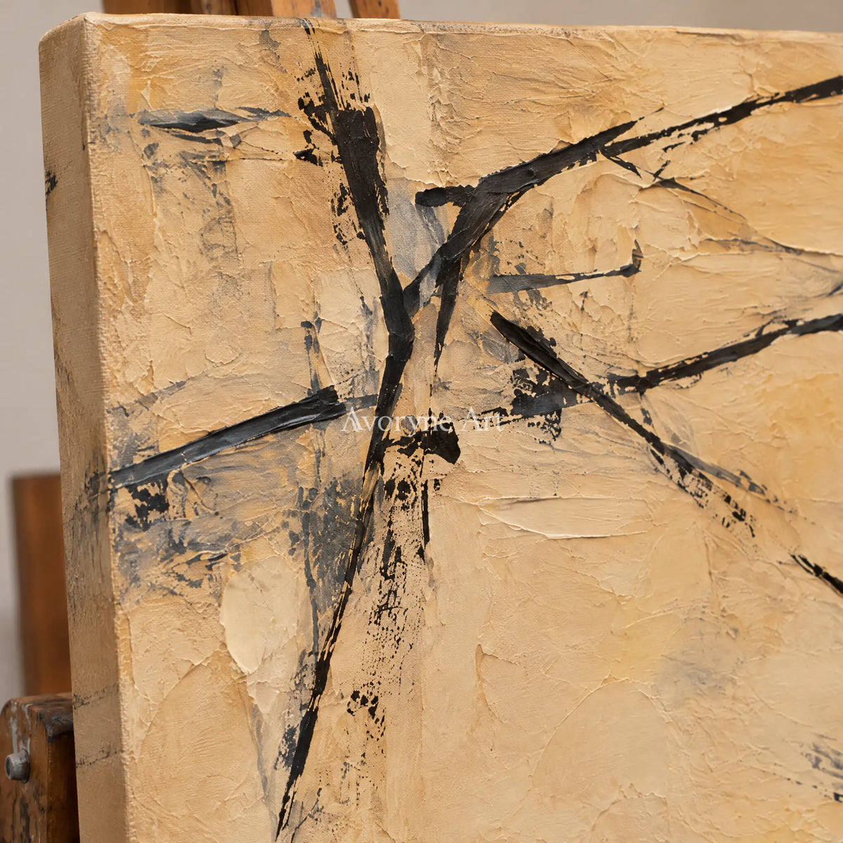Ochre Crossing: Ochre Gestural Abstract Art — detail easel