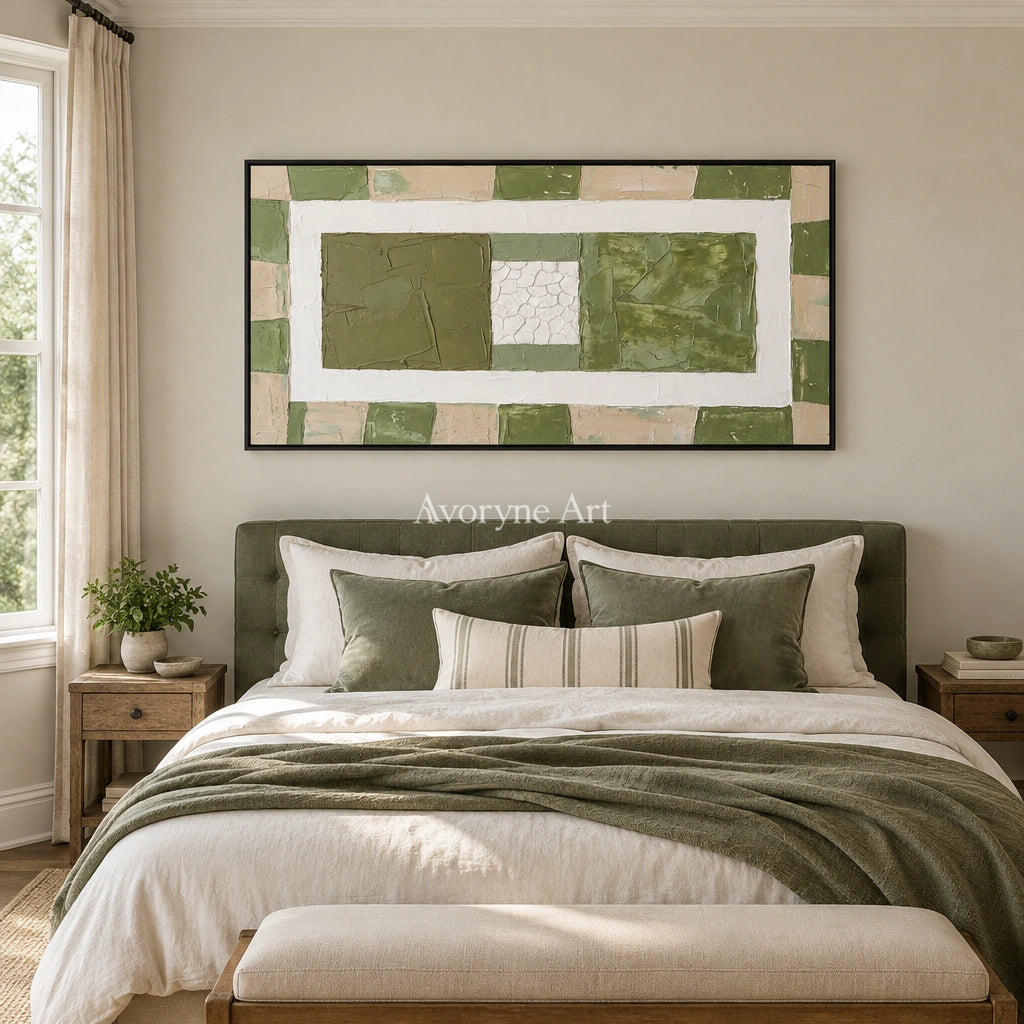 Soft Measure olive ivory grid wall art with a black frame above a bed in a bedroom