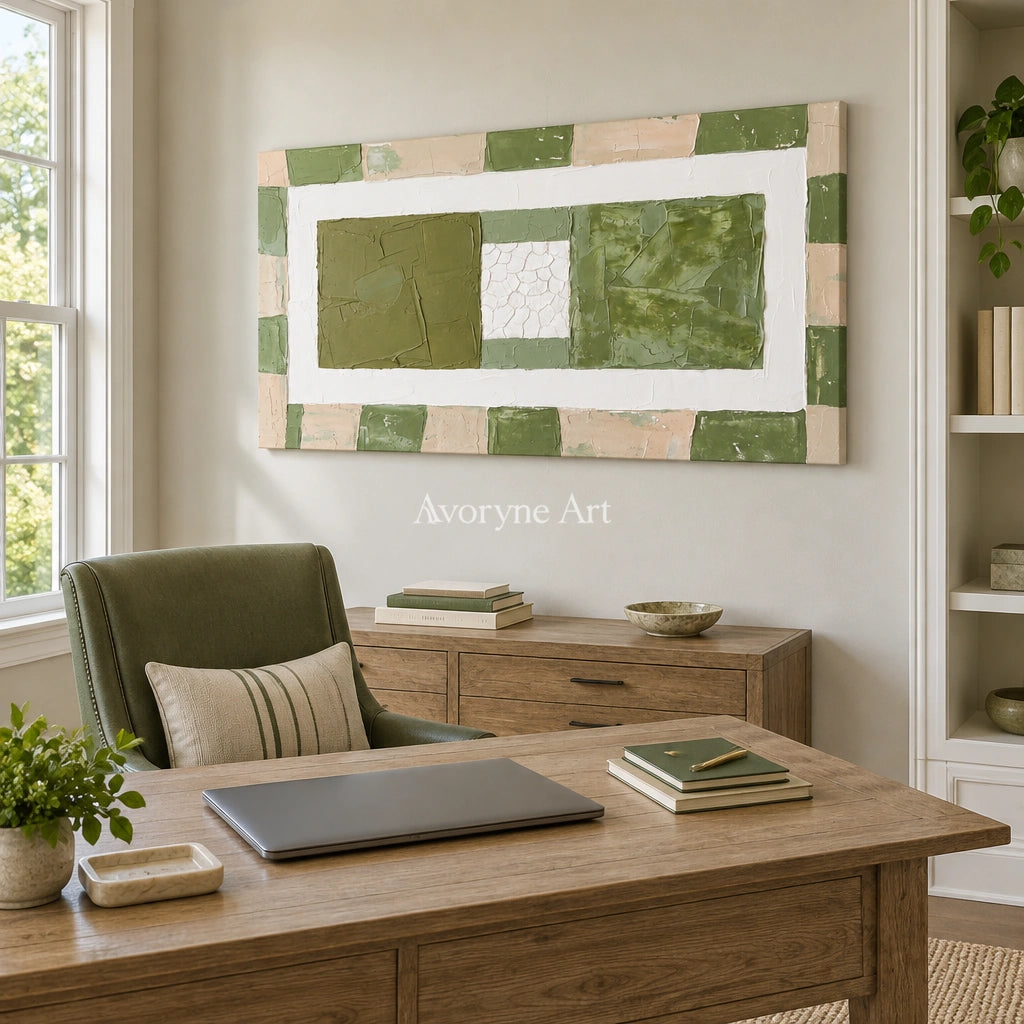 Soft Measure olive ivory grid wall art as a frameless stretched canvas in a home office
