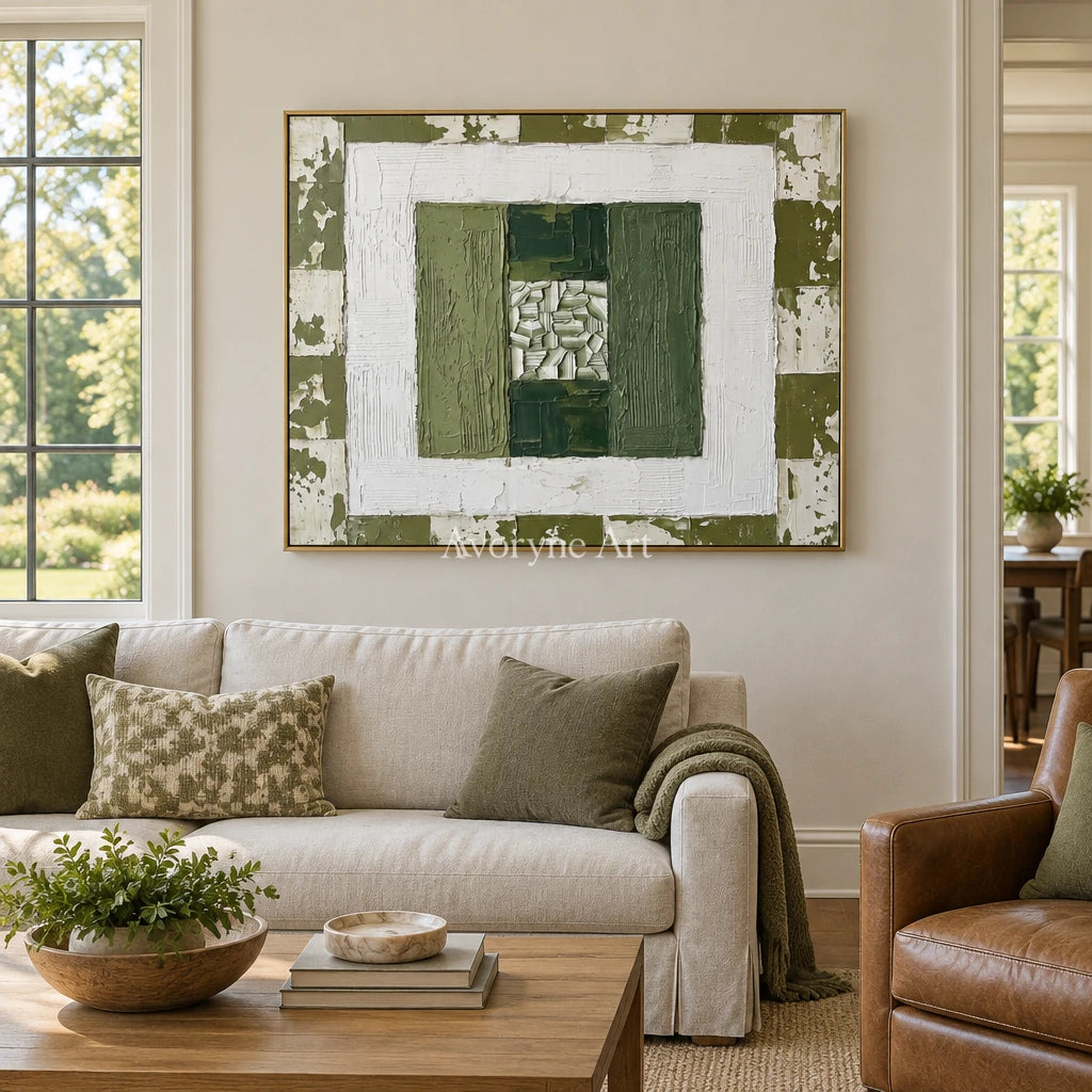 Hushed Haven olive ivory grid wall art with a gold frame hanging in a living room