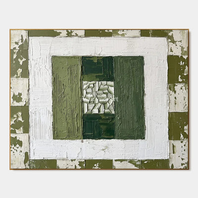 Hushed Haven, hand-painted olive ivory grid wall art by Lin Qiao