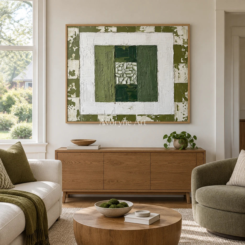 Hushed Haven olive ivory grid wall art with a wood frame in a villa living space