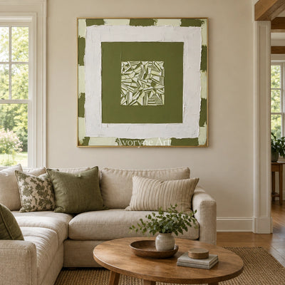 Hushed Trace olive ivory grid wall art with a gold frame hanging in a living room