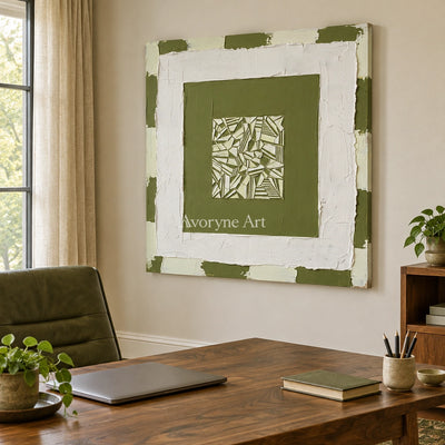 Hushed Trace olive ivory grid wall art as a frameless stretched canvas in a home office