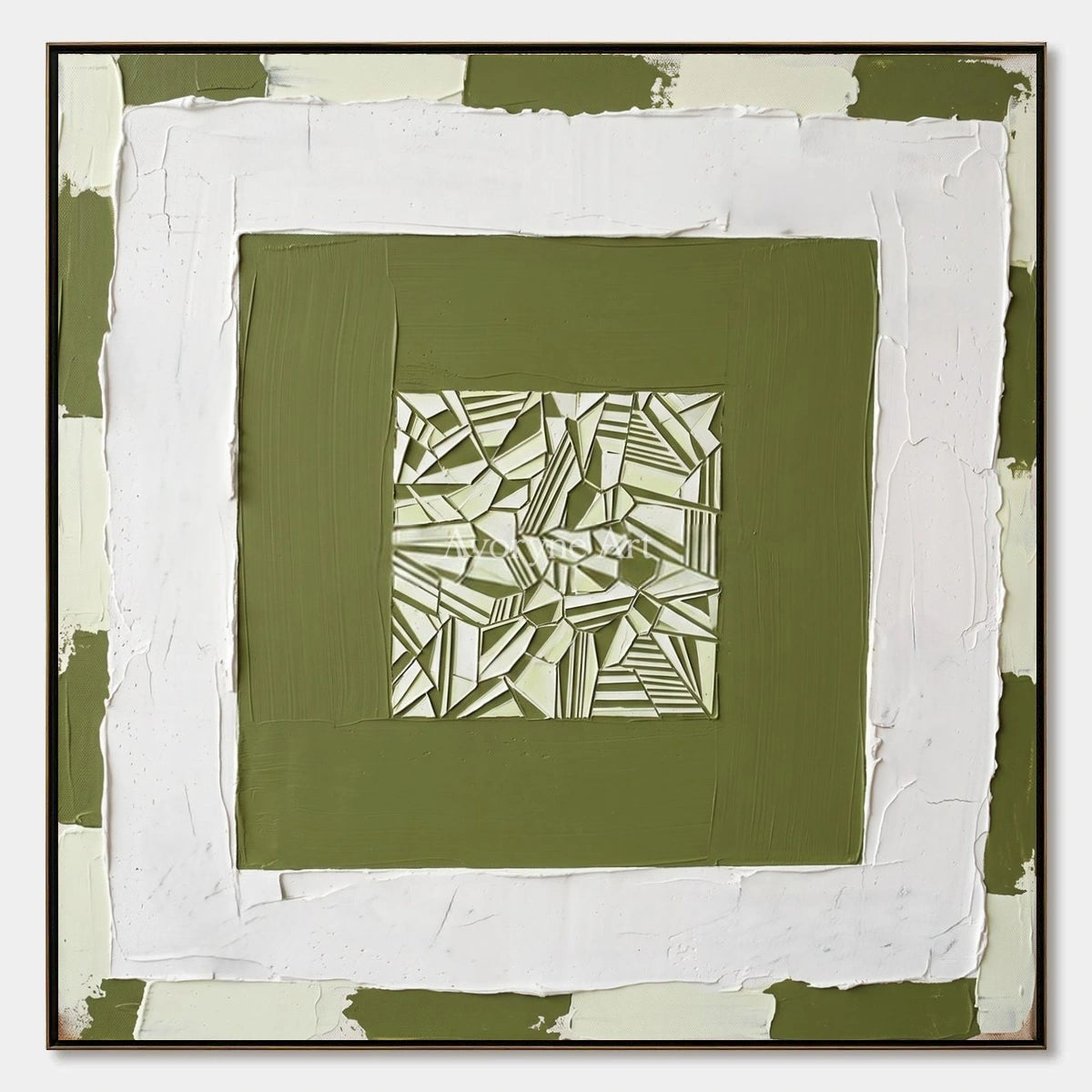 Hushed Trace, hand-painted olive ivory grid wall art by Lin Qiao