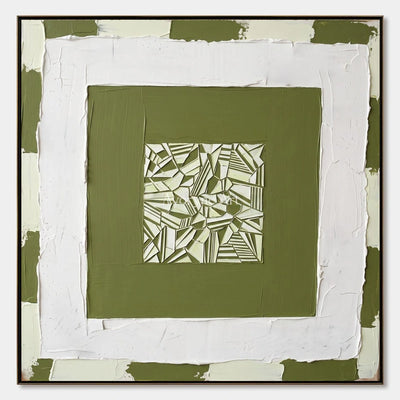 Hushed Trace, hand-painted olive ivory grid wall art by Lin Qiao