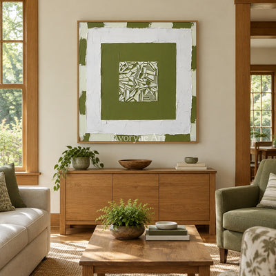Hushed Trace olive ivory grid wall art with a wood frame in a villa living space