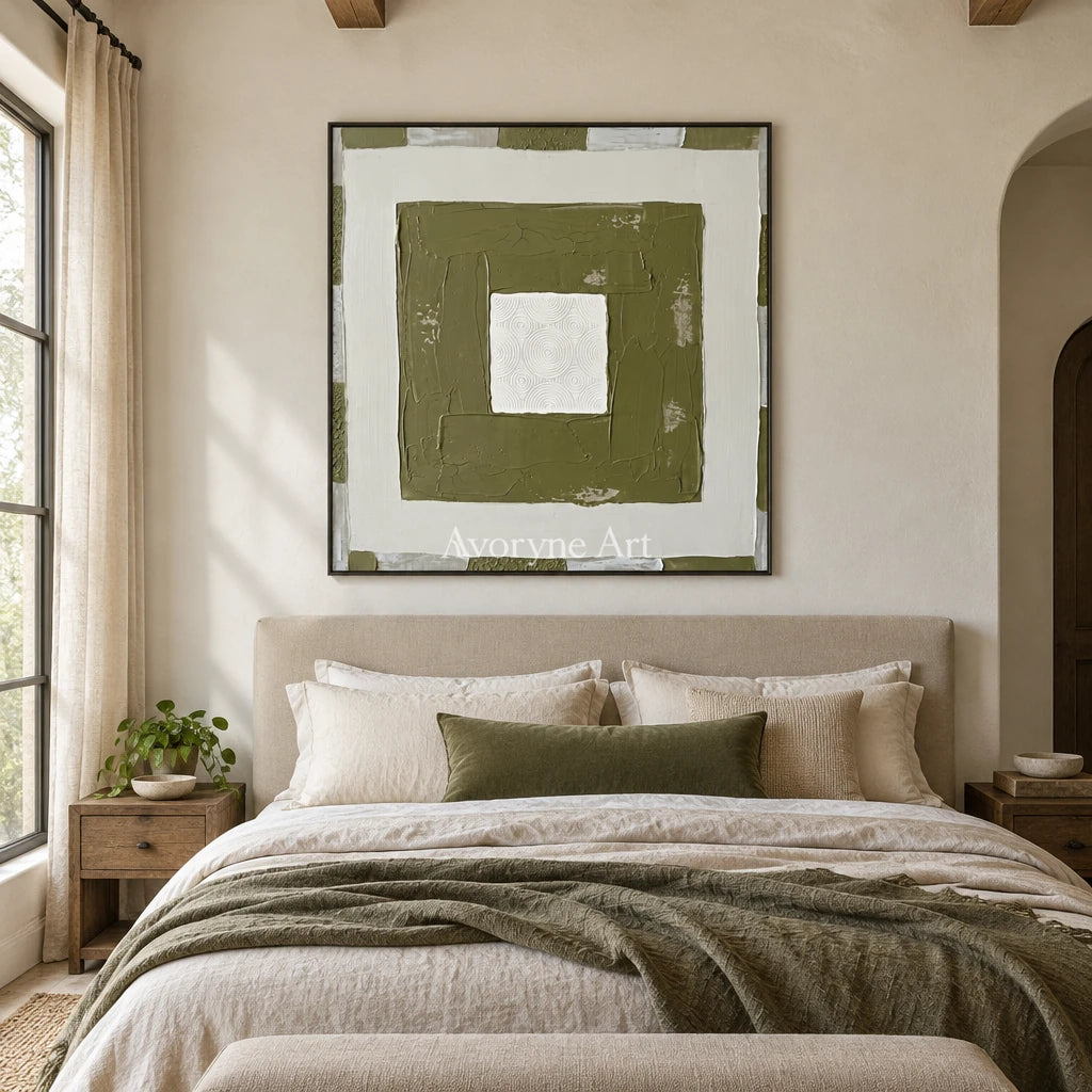 Hushed Drift olive ivory grid wall art with a black frame above a bed in a bedroom