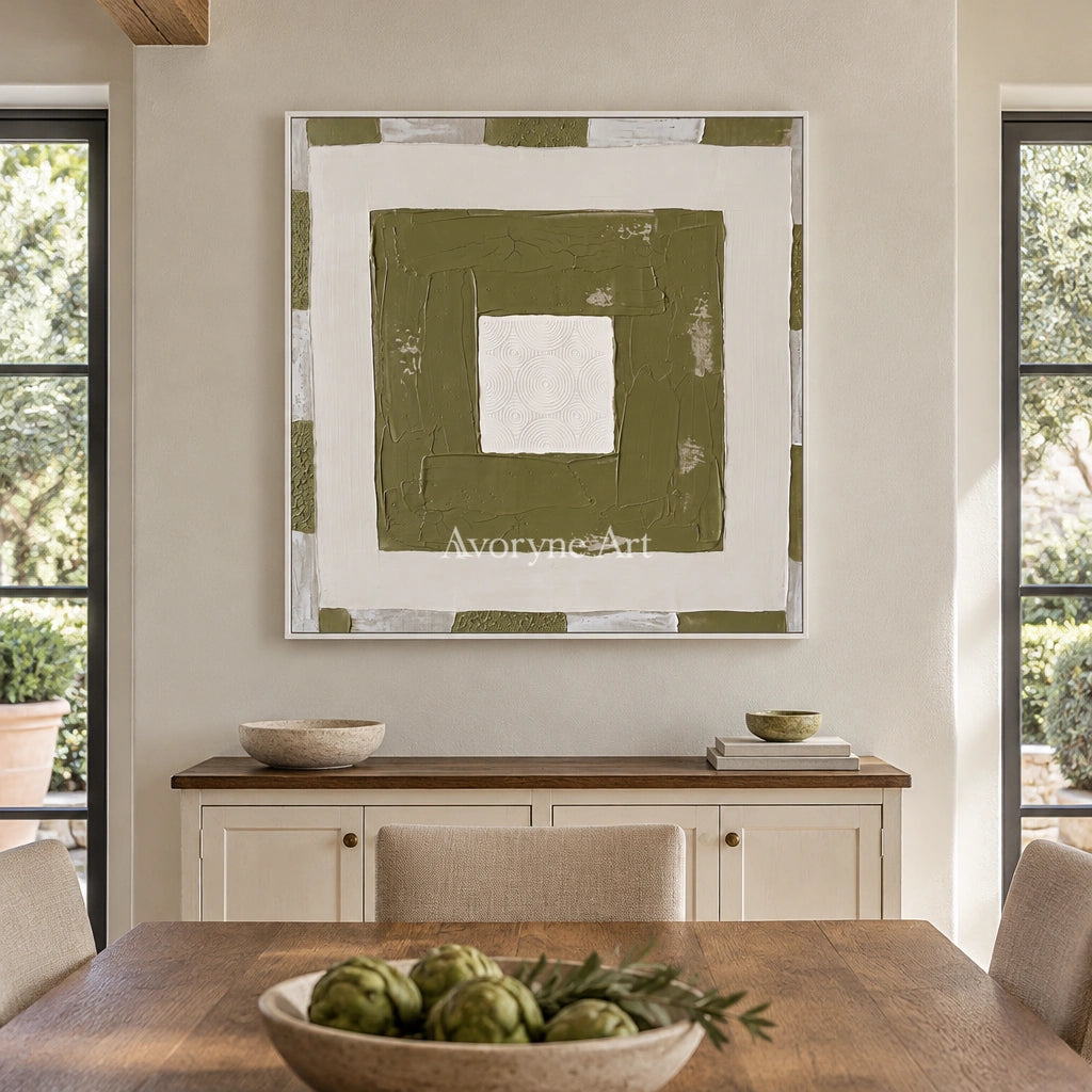 Hushed Drift olive ivory grid wall art with a white frame in a dining room