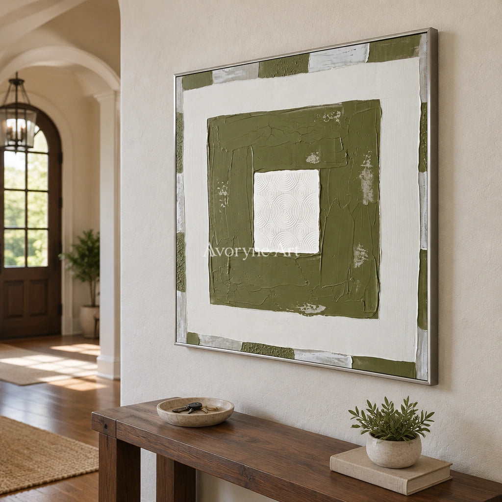 Hushed Drift olive ivory grid wall art with a silver frame in an entryway