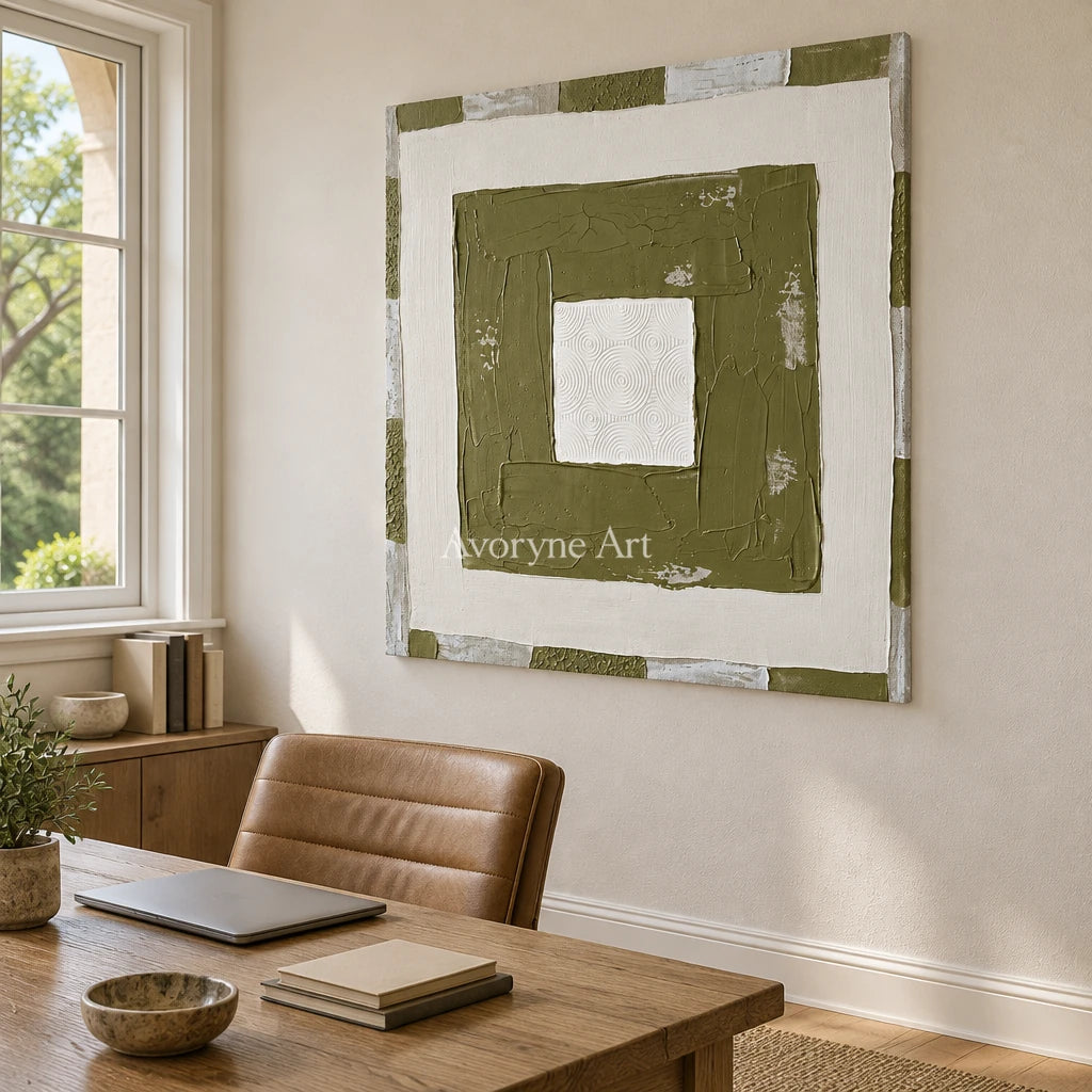 Hushed Drift olive ivory grid wall art as a frameless stretched canvas in a home office