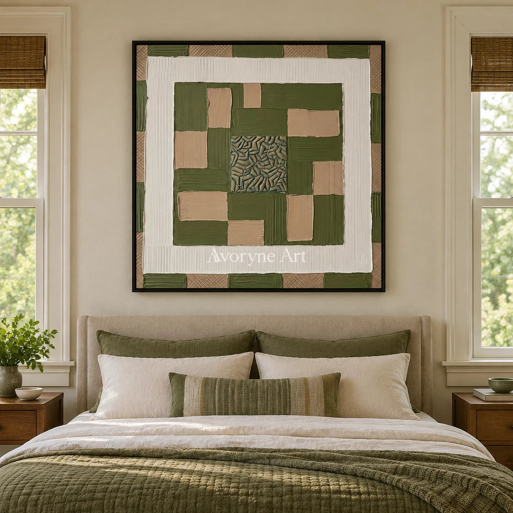 Hushed Horizon olive ivory grid wall art with a black frame above a bed in a bedroom