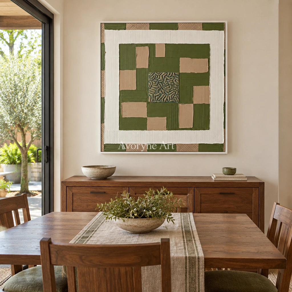 Hushed Horizon olive ivory grid wall art with a white frame in a dining room