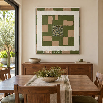 Hushed Horizon olive ivory grid wall art with a white frame in a dining room