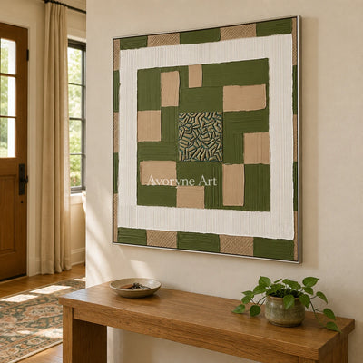 Hushed Horizon olive ivory grid wall art with a silver frame in an entryway