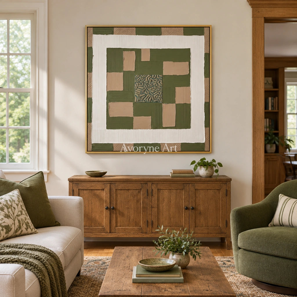 Hushed Horizon olive ivory grid wall art with a gold frame hanging in a living room