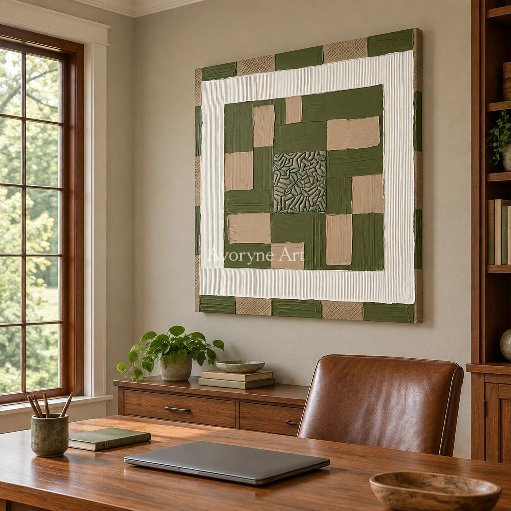Hushed Horizon olive ivory grid wall art as a frameless stretched canvas in a home office