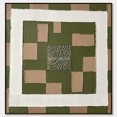 Hushed Horizon, hand-painted olive ivory grid wall art by Lin Qiao
