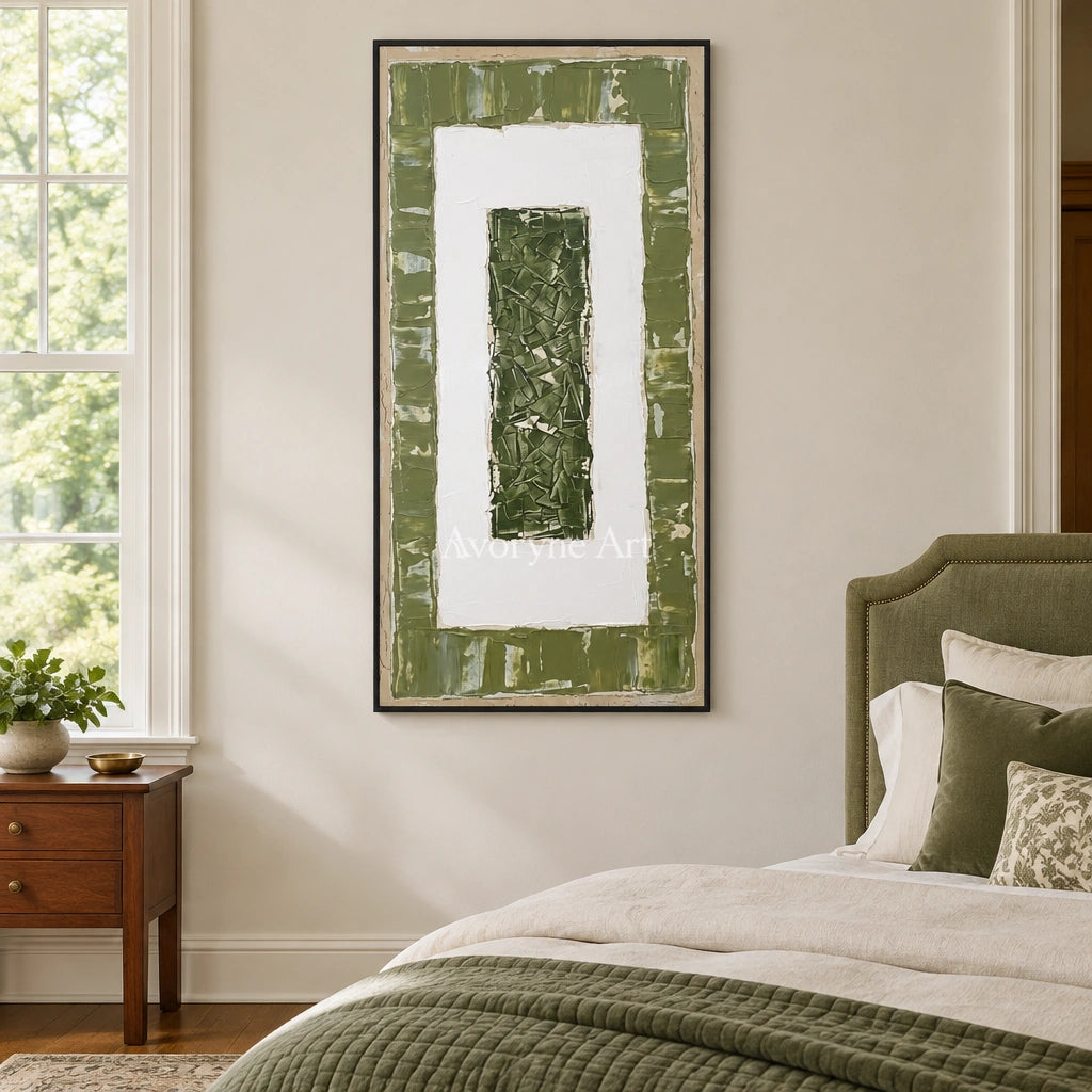 Mineral Haven olive ivory grid wall art with a black frame above a bed in a bedroom