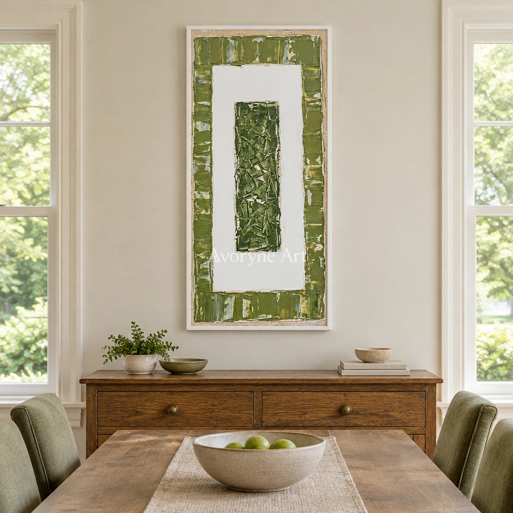Mineral Haven olive ivory grid wall art with a white frame in a dining room