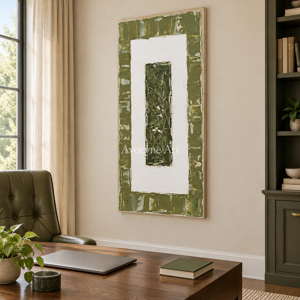 Mineral Haven olive ivory grid wall art as a frameless stretched canvas in a home office