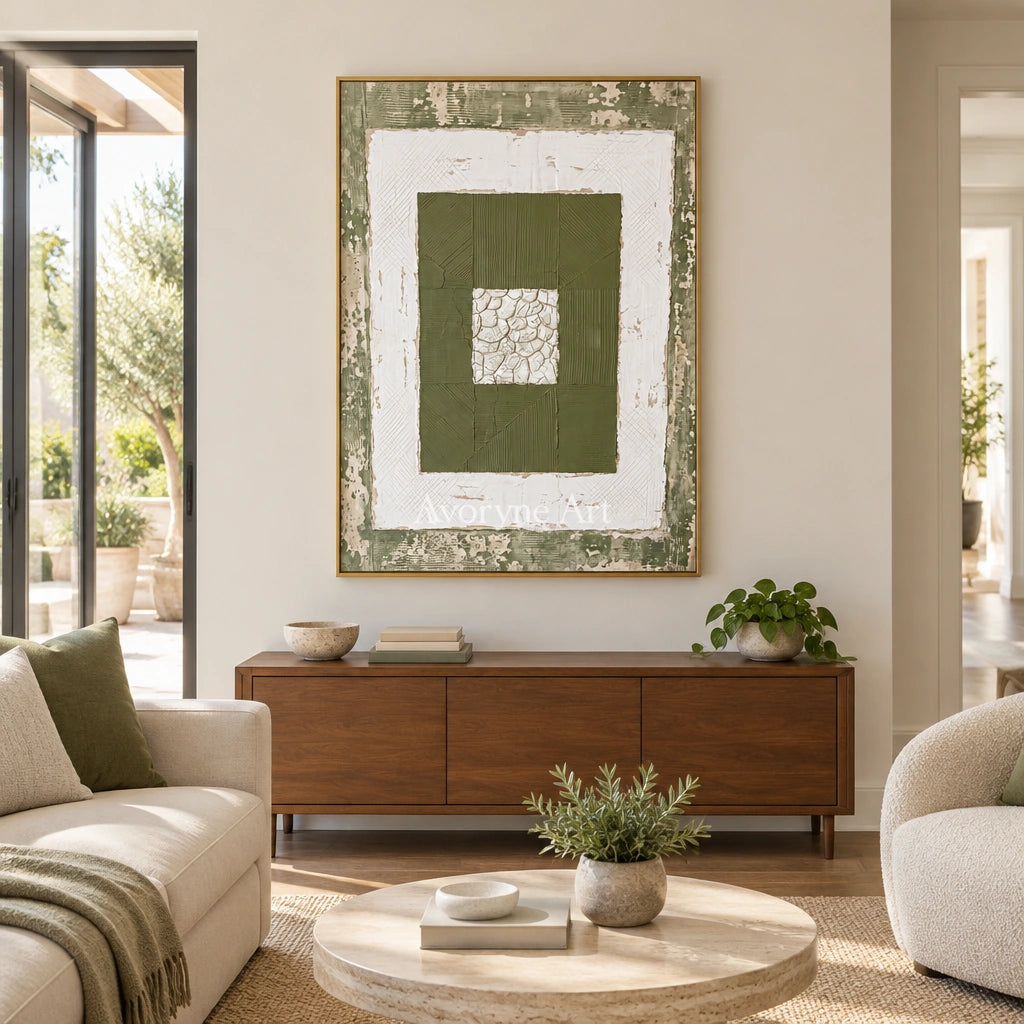Mineral Drift olive ivory grid wall art with a gold frame hanging in a living room