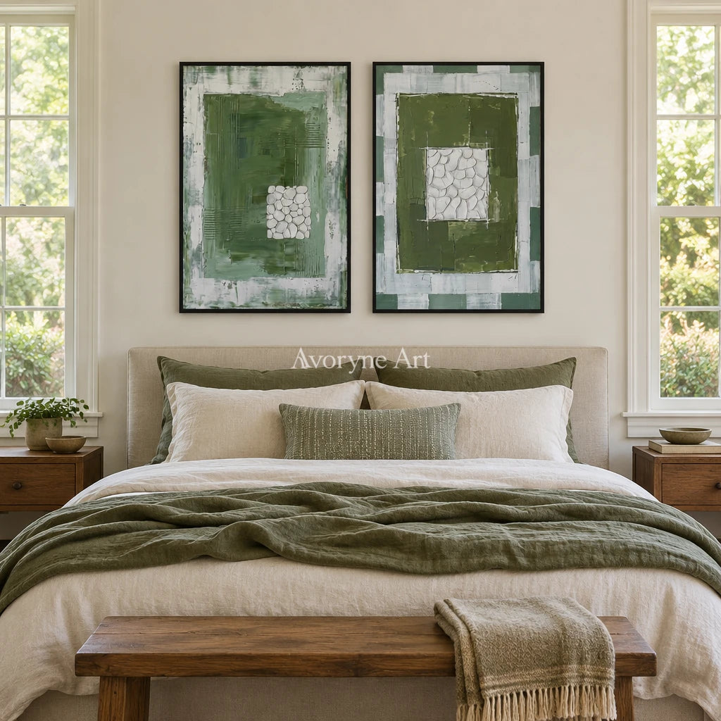 Earthen Sonata olive ivory grid diptych with a black frame above a bed in a bedroom
