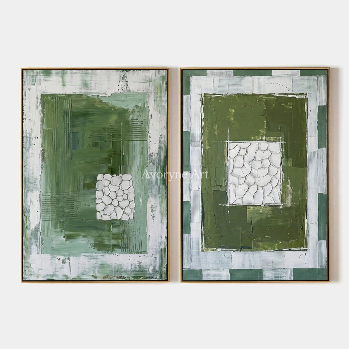 Earthen Sonata, hand-painted olive ivory grid diptych by Lin Qiao