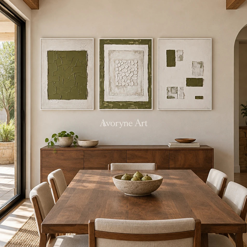 Earthen Field olive ivory grid triptych with a white frame in a dining room