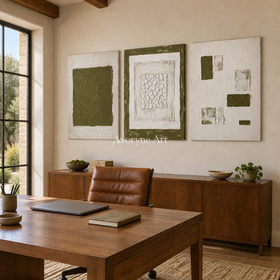 Earthen Field olive ivory grid triptych as a frameless stretched canvas in a home office