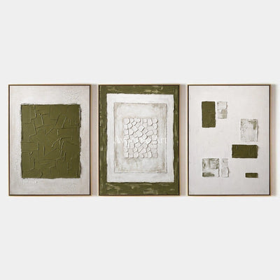 Earthen Field, hand-painted olive ivory grid triptych by Lin Qiao