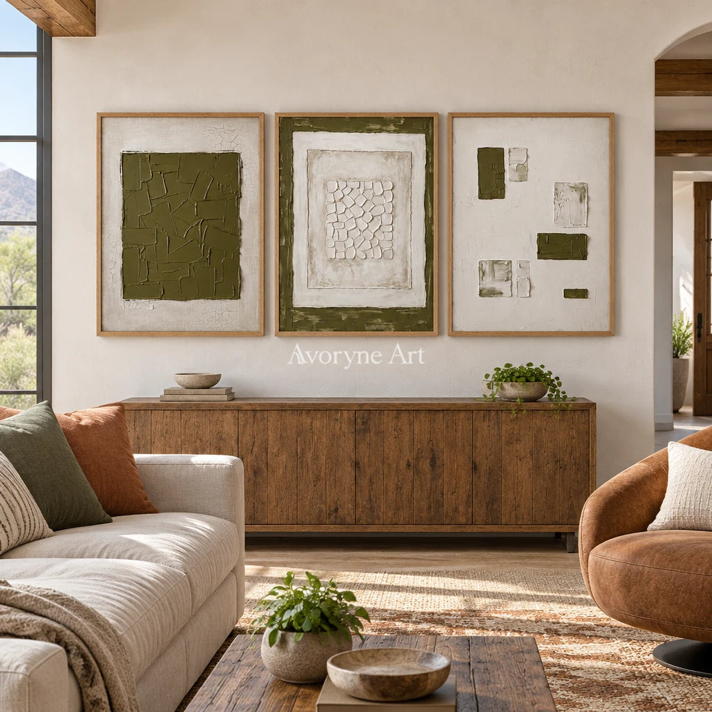 Earthen Field olive ivory grid triptych with a wood frame in a villa living space