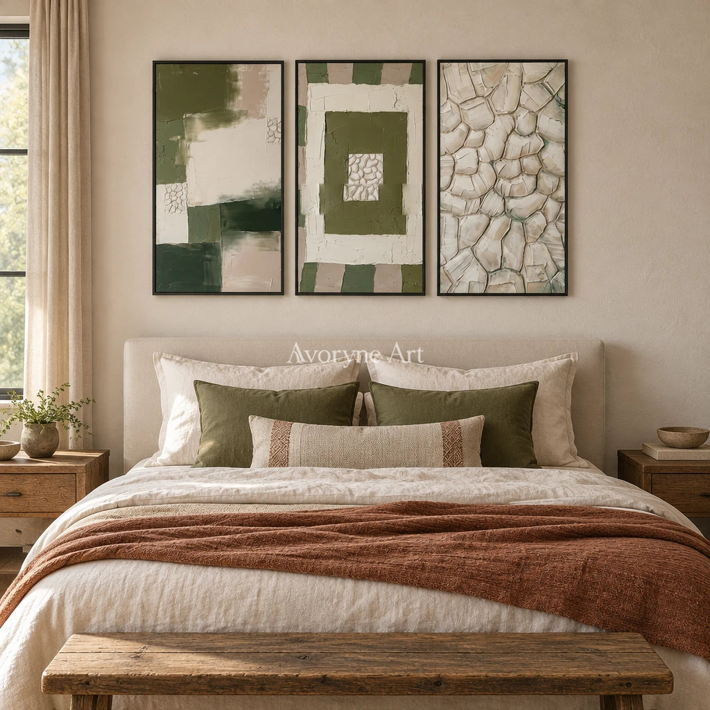 Hushed Cadence olive ivory grid triptych with a black frame above a bed in a bedroom