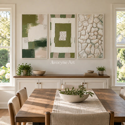 Hushed Cadence olive ivory grid triptych with a white frame in a dining room