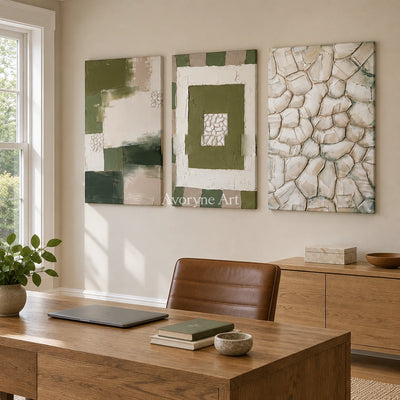 Hushed Cadence olive ivory grid triptych as a frameless stretched canvas in a home office