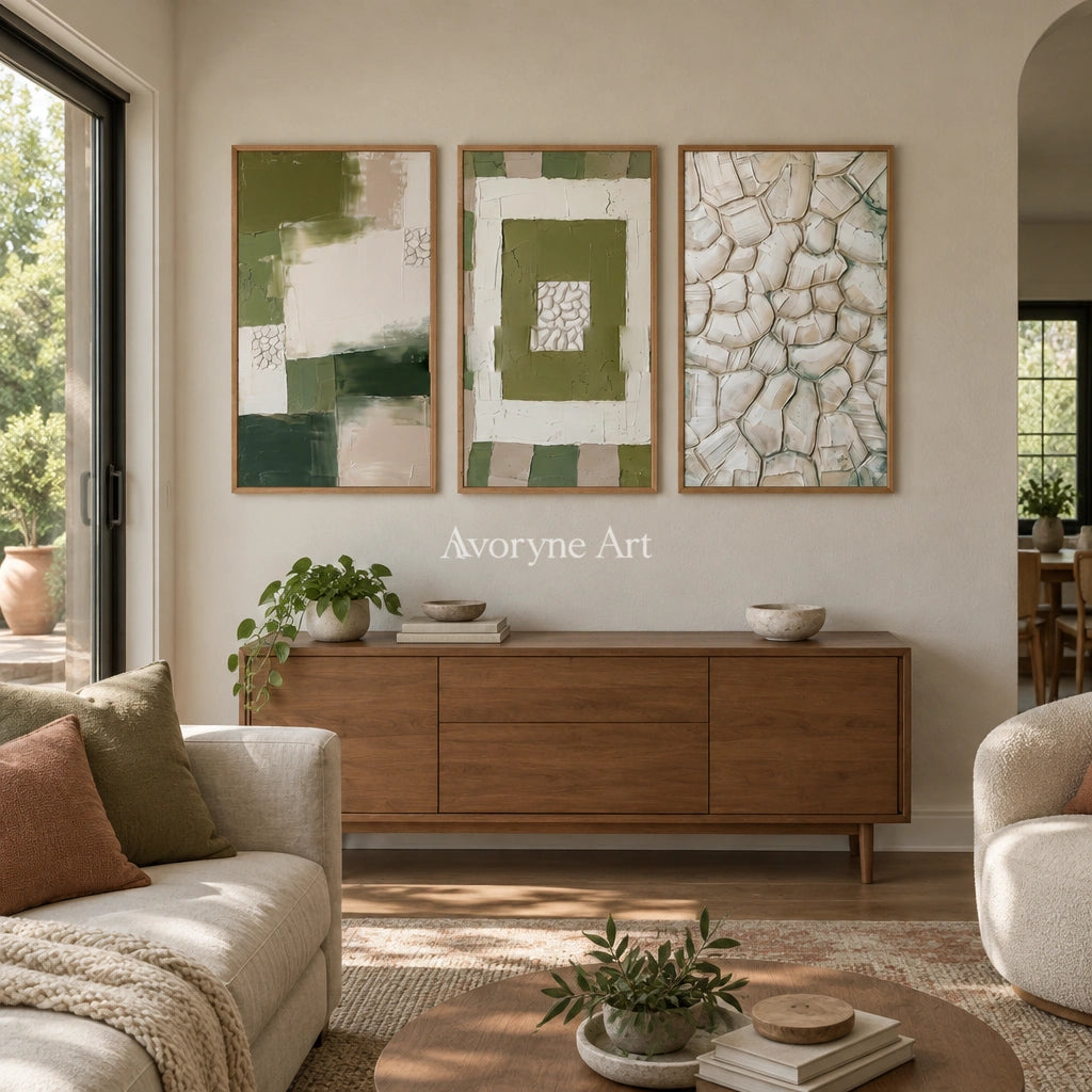 Hushed Cadence olive ivory grid triptych with a wood frame in a villa living space