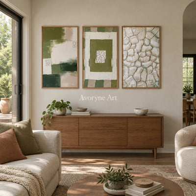 Hushed Cadence olive ivory grid triptych with a wood frame in a villa living space
