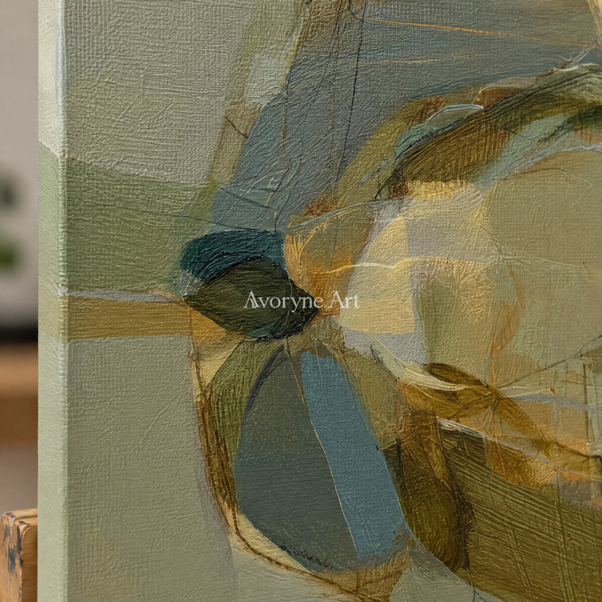 Ivory Quiet Refrain: Olive Layered Abstract — detail easel