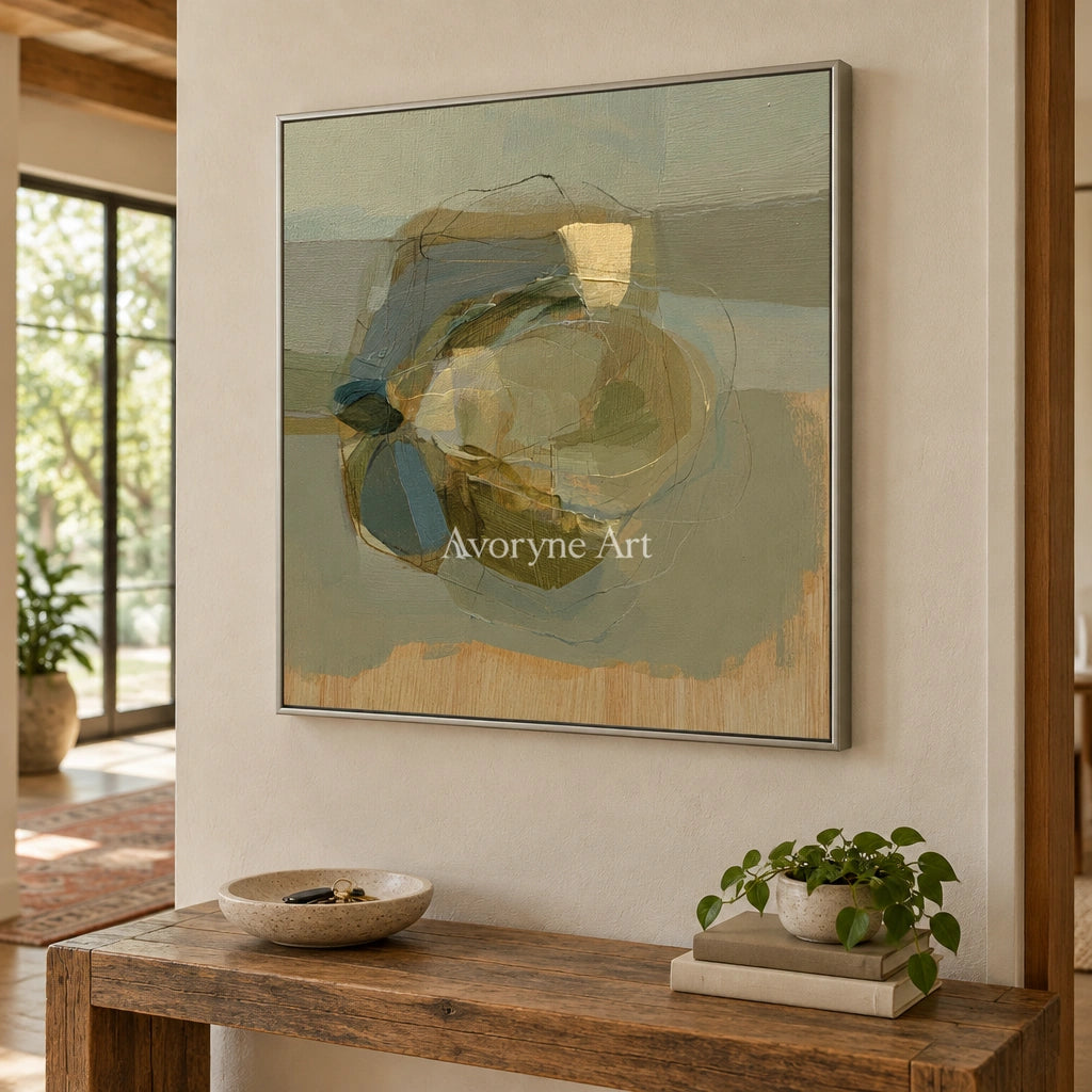 Ivory Quiet Refrain: Olive Layered Abstract — entry silver