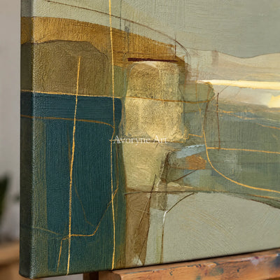 Ivory Quiet Passage: Olive Layered Abstract — detail easel