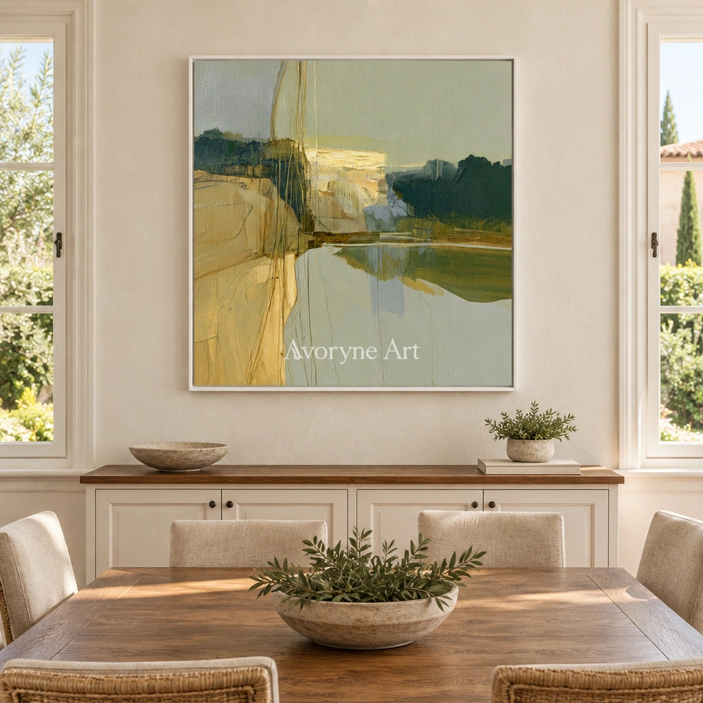 Ivory Quiet Rhythm: Olive Layered Abstract — dining white