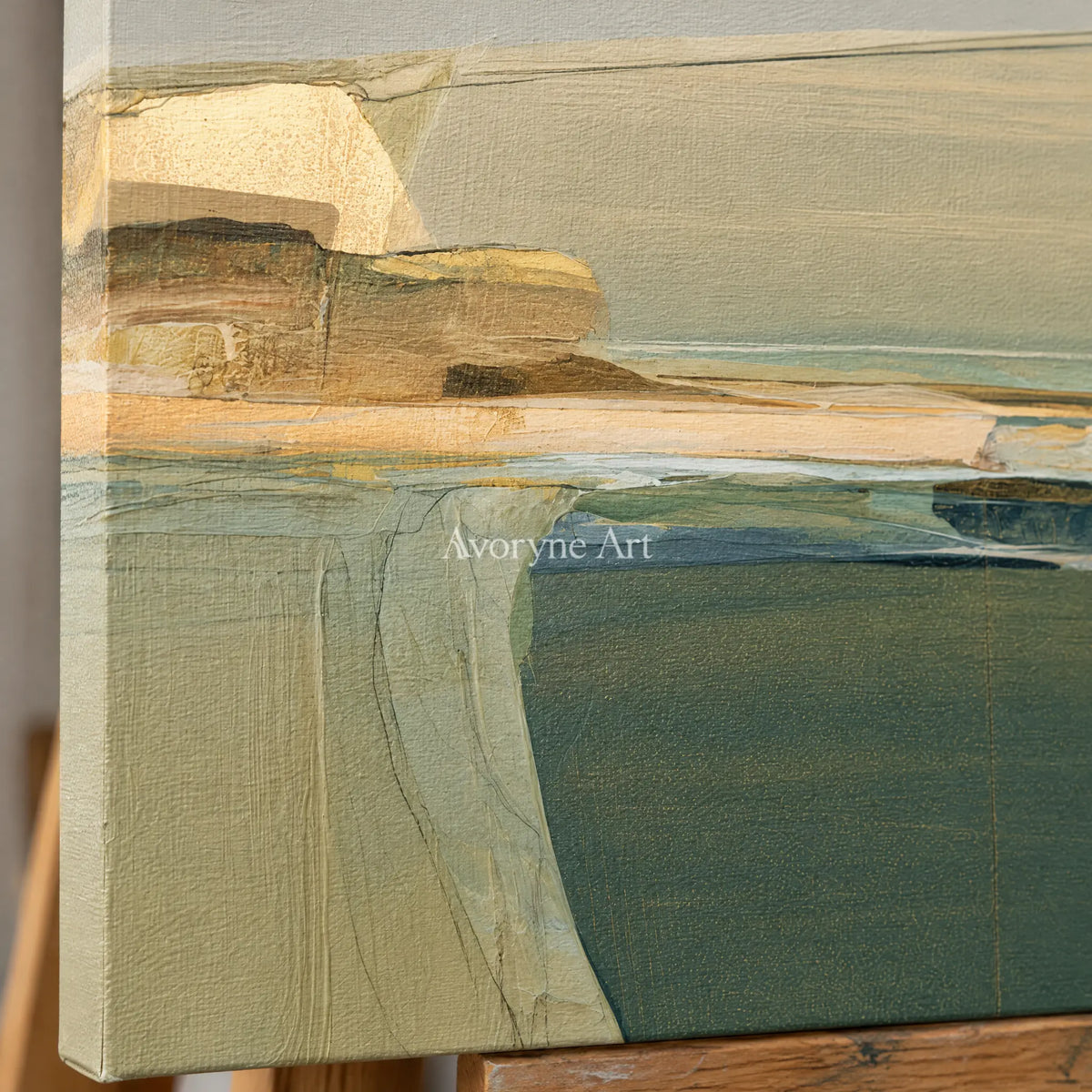 Ivory Quiet Echo: Olive Layered Abstract — detail easel
