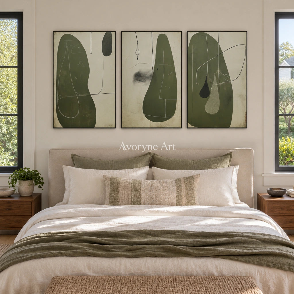Muted Rhythm olive organic art triptych with a black frame above a bed in a bedroom