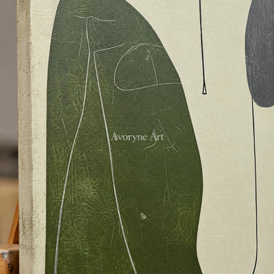 Close-up of the hand-painted texture of Muted Rhythm olive organic art triptych on an easel