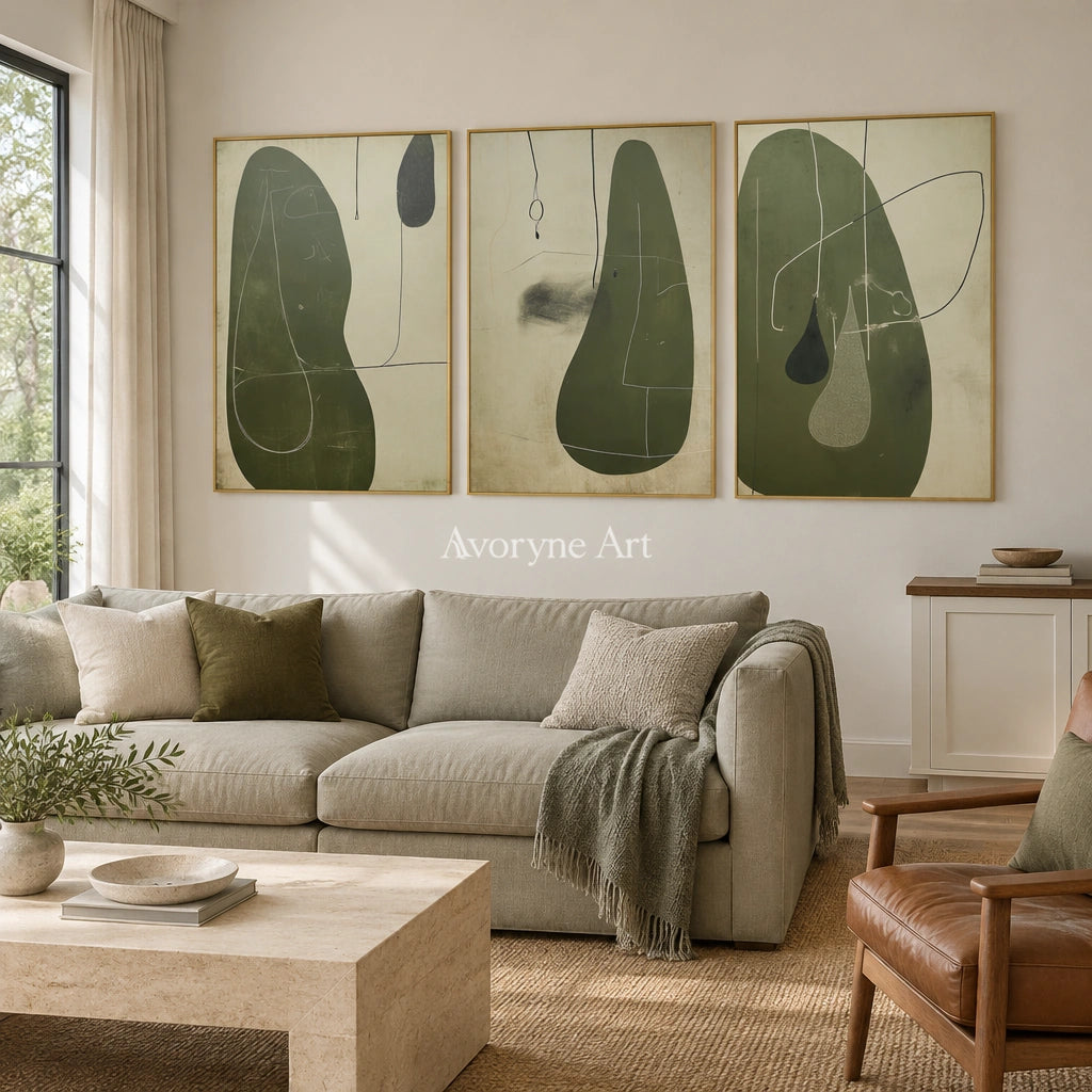 Muted Rhythm olive organic art triptych with a gold frame hanging in a living room