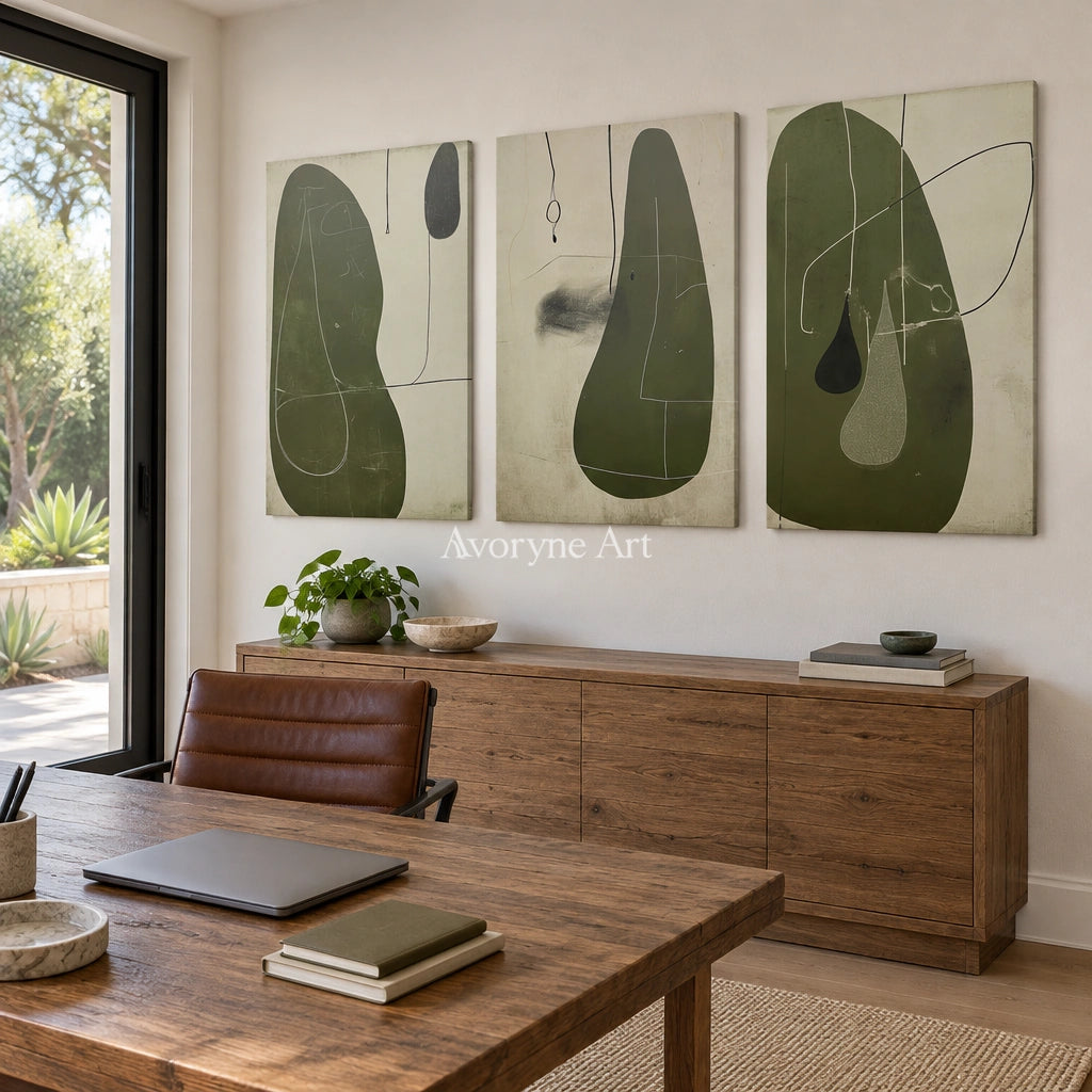 Muted Rhythm olive organic art triptych as a frameless stretched canvas in a home office