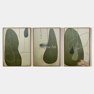 Muted Rhythm, hand-painted olive organic art triptych by Min-Jun Park