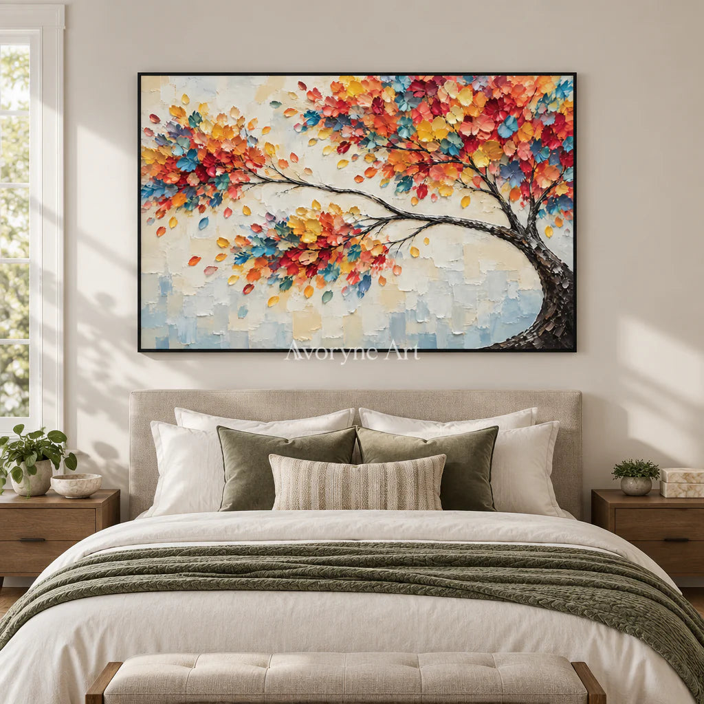 Chromatic Canopy: Orange Colorful Tree Relief Wall Art — bedroom black